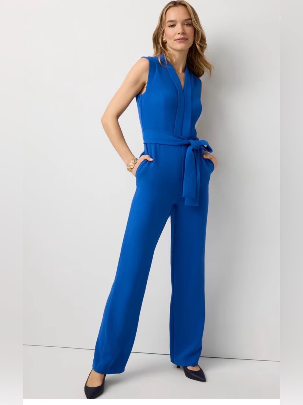 WHBM Sleeveless royal blue V-Neck Tie-Waist Jumpsuit size 2 NWT*